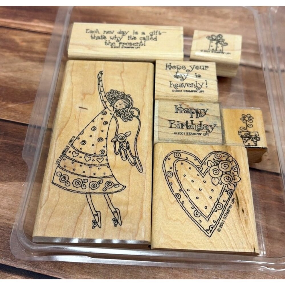 2001 STAMPIN' UP! HEAVENLY DAYS WOOD MOUNTED RUBBER STAMP SET OF 7 ANGEL HEART